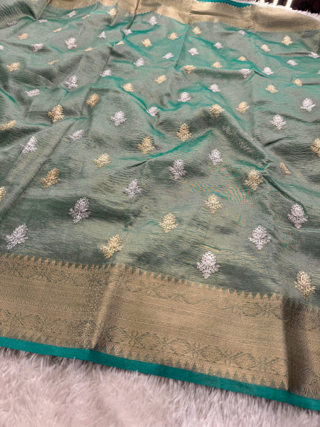Banarasi Tissue Silk Zari Embroidery Work Saree With Hand Crush