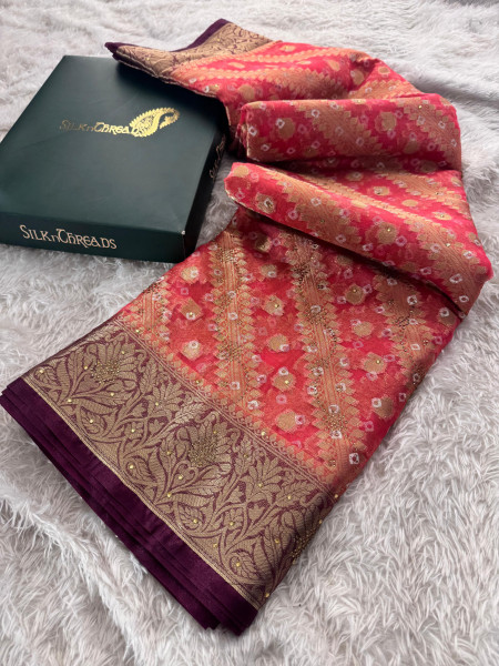 Organza Silk Bandhani Print Swarovski Crystal Work Saree with Floral Print