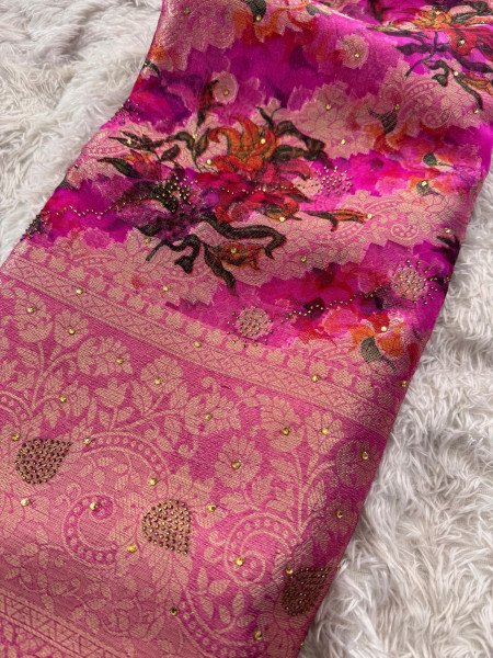 Organza Silk Swarovski Crystal Work Saree with Floral Print
