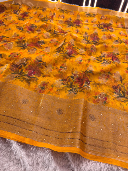 Organza Silk Swarovski Crystal Work Saree with Floral Print