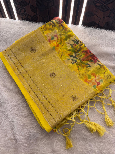 Organza Silk Swarovski Crystal Work Saree with Floral Print
