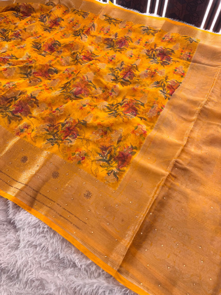 Organza Silk Swarovski Crystal Work Saree with Floral Print