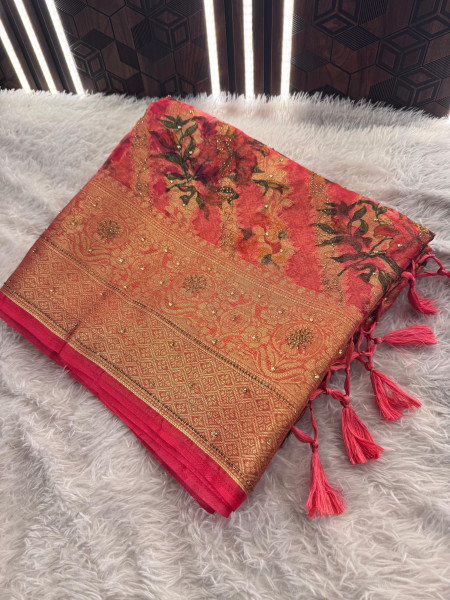 Organza Silk Swarovski Crystal Work Saree with Floral Print