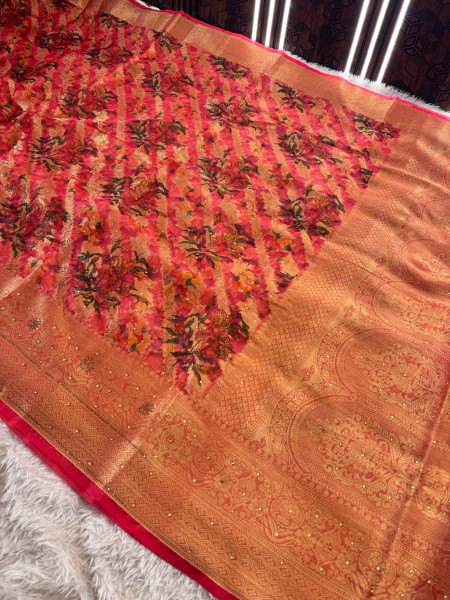 Organza Silk Swarovski Crystal Work Saree with Floral Print