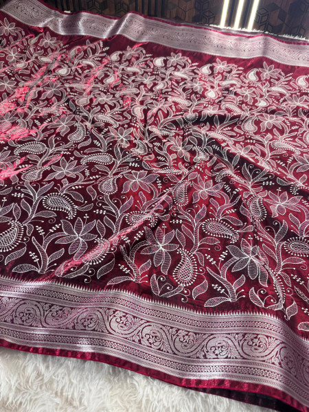 Banarasi Satin Silk Chikankari Embroidery Saree