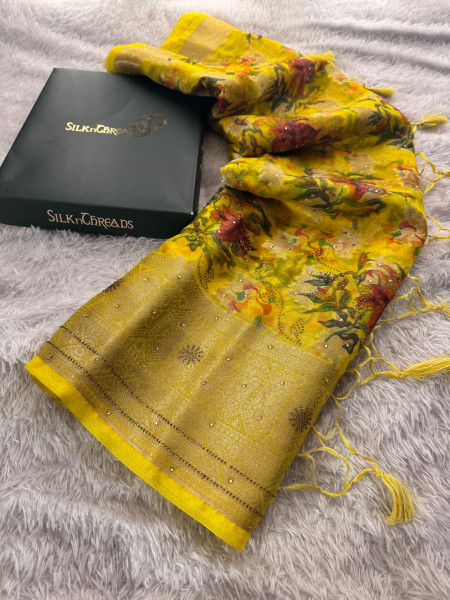 Organza Silk Swarovski Crystal Work Saree with Floral Print