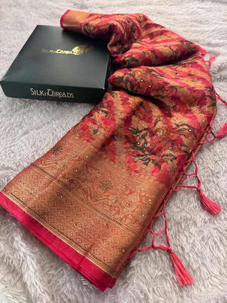 Organza Silk Swarovski Crystal Work Saree with Floral Print