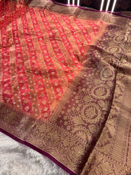 Organza Silk Bandhani Print Swarovski Crystal Work Saree with Floral Print