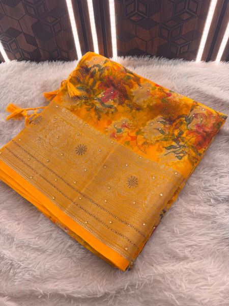 Organza Silk Swarovski Crystal Work Saree with Floral Print
