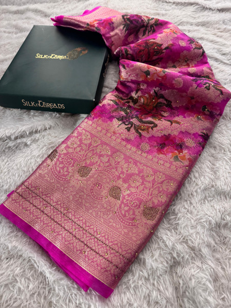 Organza Silk Swarovski Crystal Work Saree with Floral Print