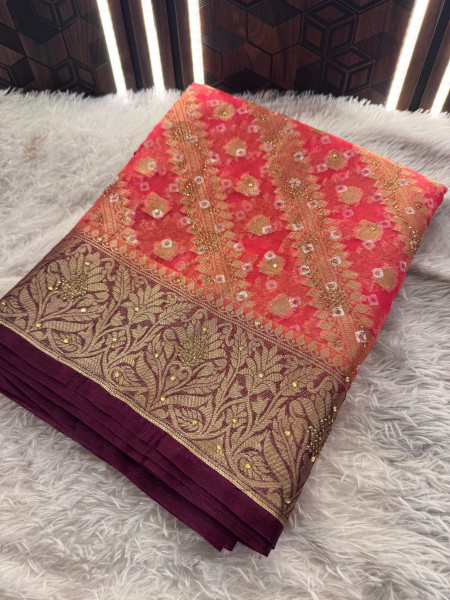 Organza Silk Bandhani Print Swarovski Crystal Work Saree with Floral Print