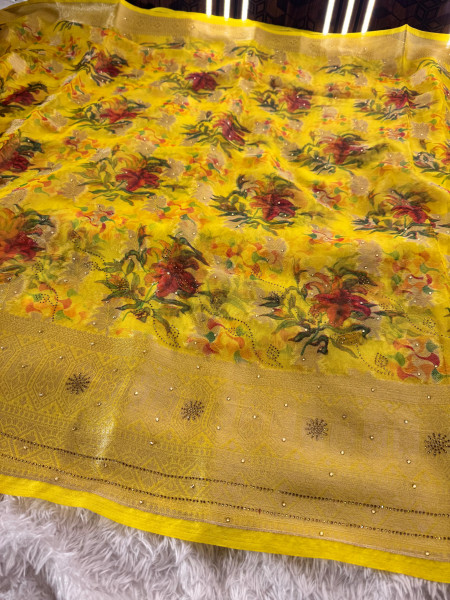 Organza Silk Swarovski Crystal Work Saree with Floral Print