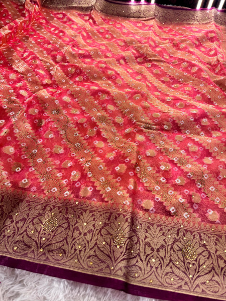 Organza Silk Bandhani Print Swarovski Crystal Work Saree with Floral Print