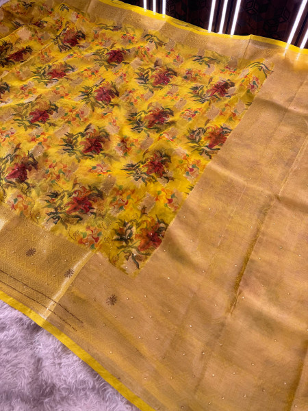 Organza Silk Swarovski Crystal Work Saree with Floral Print