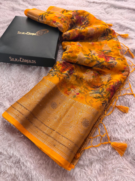Organza Silk Swarovski Crystal Work Saree with Floral Print
