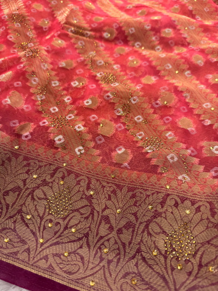 Organza Silk Bandhani Print Swarovski Crystal Work Saree with Floral Print