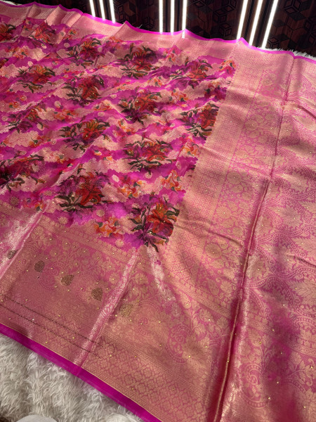 Organza Silk Swarovski Crystal Work Saree with Floral Print