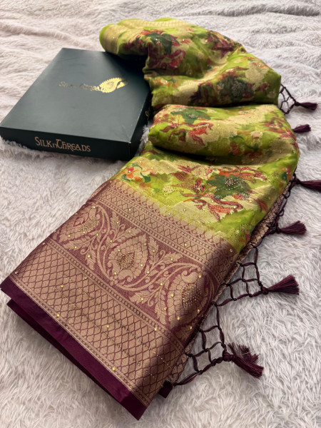 Organza Silk Swarovski Crystal Work Saree with Floral Print
