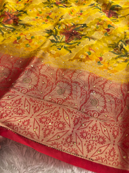 Organza Silk Swarovski Crystal Work Saree with Floral Print