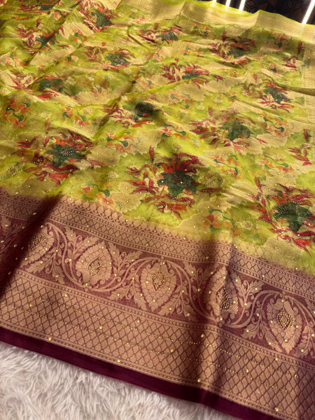 Organza Silk Swarovski Crystal Work Saree with Floral Print