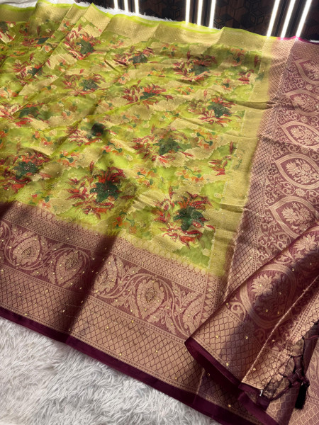 Organza Silk Swarovski Crystal Work Saree with Floral Print