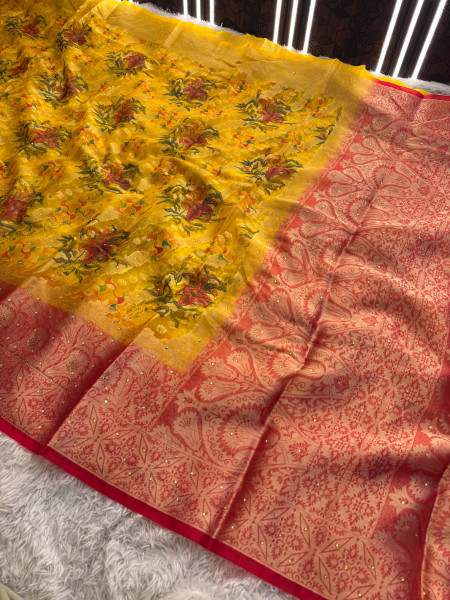Organza Silk Swarovski Crystal Work Saree with Floral Print