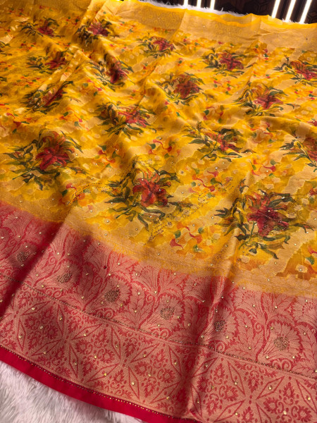 Organza Silk Swarovski Crystal Work Saree with Floral Print