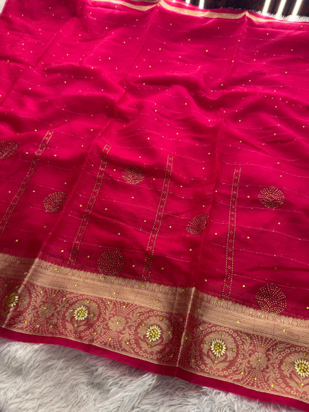 Organza Silk Swarovski Crystal Work Saree With Allover Sequence