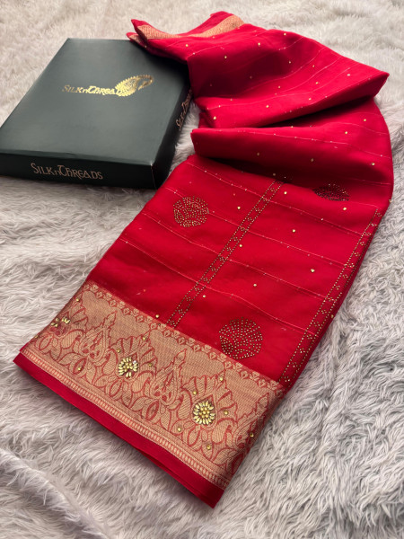 Organza Silk Swarovski Crystal Work Saree With Allover Sequence