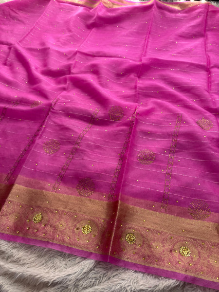 Organza Silk Swarovski Crystal Work Saree With Allover Sequence