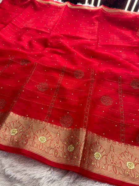 Organza Silk Swarovski Crystal Work Saree With Allover Sequence