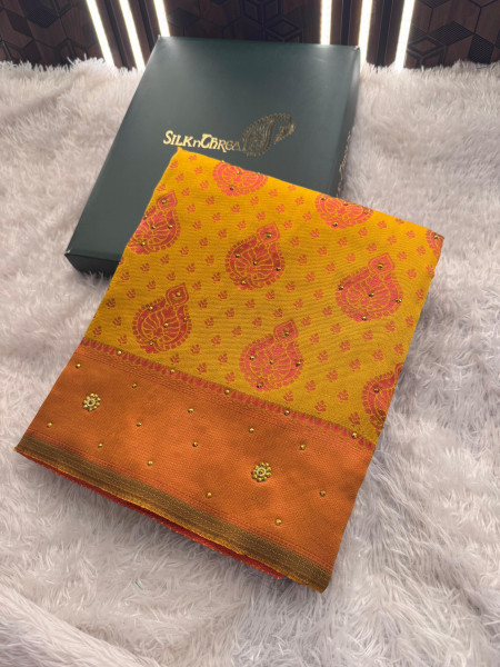 Yellow Copper Woven Saree With Stone Work and Tassels