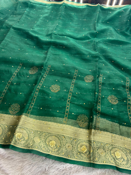 Organza Silk Swarovski Crystal Work Saree With Allover Sequence