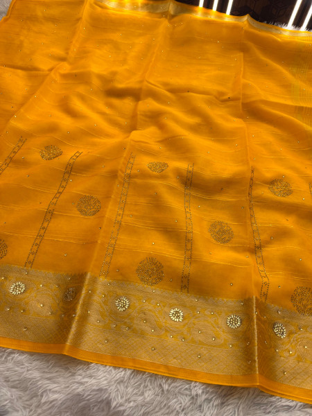 Organza Silk Swarovski Crystal Work Saree With Allover Sequence