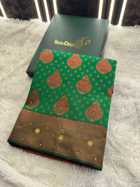 Green Copper Woven Saree With Stone Work and Tassels