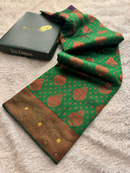 Green Copper Woven Saree With Stone Work and Tassels