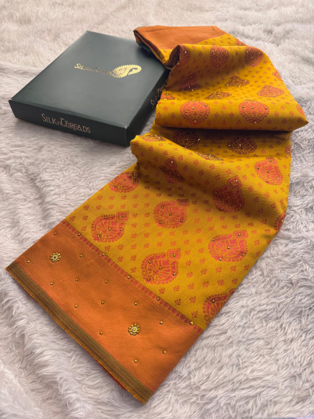 Yellow Copper Woven Saree With Stone Work and Tassels