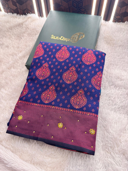 Navy Blue Copper Woven Saree With Stone Work and Tassels