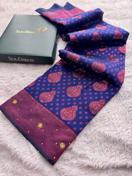 Navy Blue Copper Woven Saree With Stone Work and Tassels