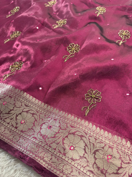 Never Seen Before Tissue Zardozi Handwork Saree