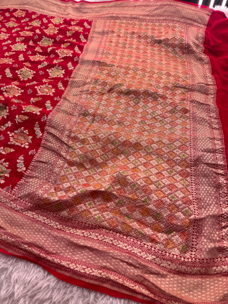 Pure Khaddi Georgette Banarasi Silk Saree with Hand Brush Paint