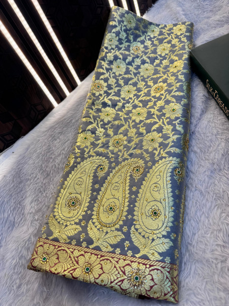Banarasi Satin Silk Stone Work Saree With Heavy Zari Richpallu