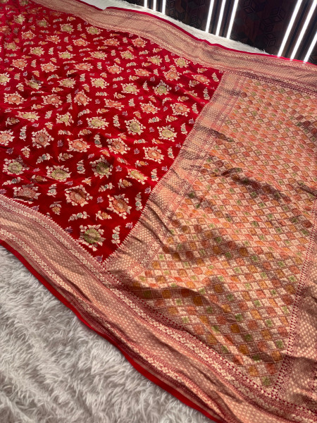 Pure Khaddi Georgette Banarasi Silk Saree with Hand Brush Paint