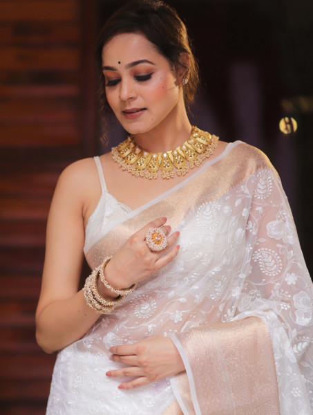 Organza Silk Chikankari Embroidery  Saree