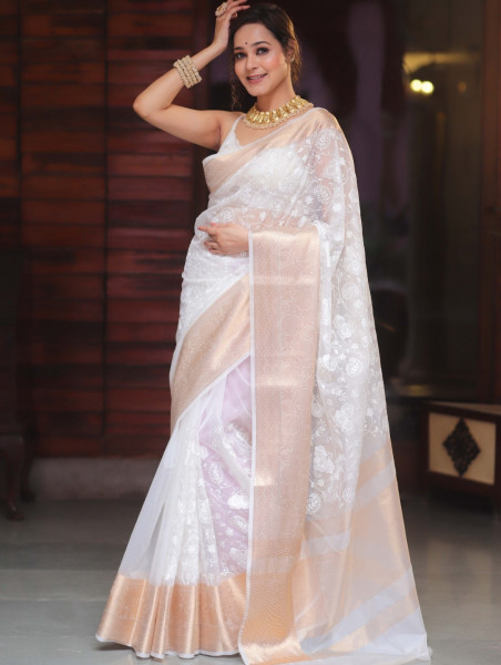 Organza Silk Chikankari Embroidery  Saree