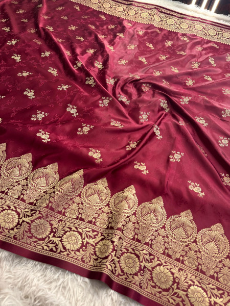 Mashru Katan Silk Saree with Floral Zari Borders and Pallu