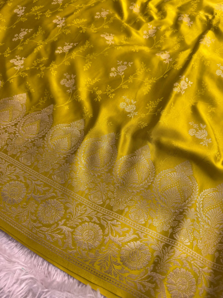 Mashru Katan Silk Saree with Floral Zari Borders and Pallu