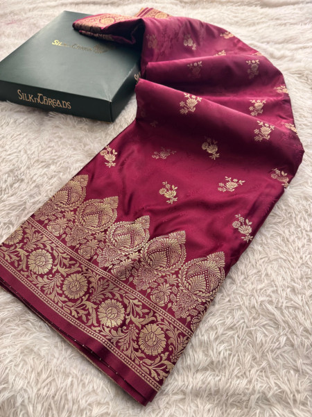 Mashru Katan Silk Saree with Floral Zari Borders and Pallu