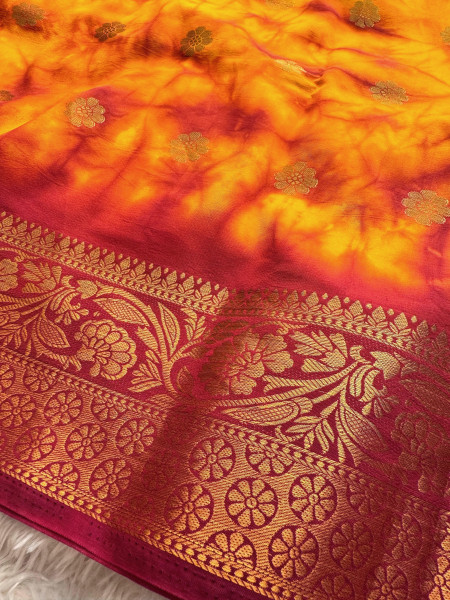 Banarasi Silk Hand Tie-Dye Saree With Zari Border