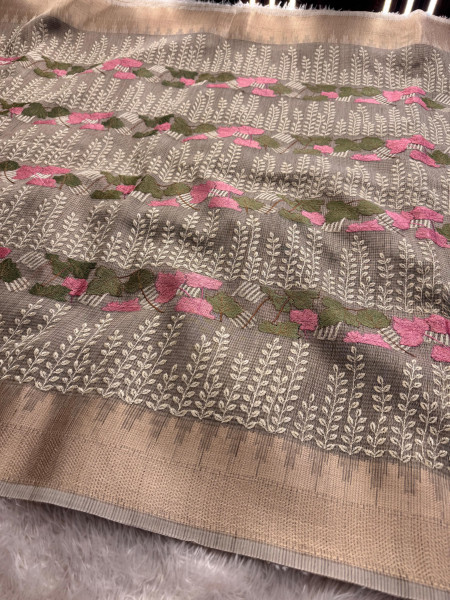Banarasi Tissue Resham Embroidery Work Saree With Banarasi Zari Border